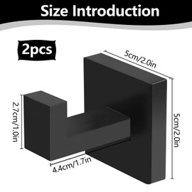 NCOALE Black Towel Hook, 2 PCS Square Bathroom Towel Hooks Heavy Duty Stainless Steel Coat Hook for Bathroom Hotel Door (Matte Black)