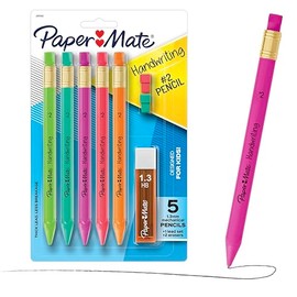 Paper Mate Juego de lápices mecánicos triangulares de escritura a mano con minas y gomas de borrar, 1,3 mm, lápices para niños en divertidos colores de barril, 5 unidades