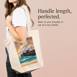 Lantern Press Jacksonville Beach, Florida, Pier and Sunset (100% Cotton Canvas Reusable Tote Bag)