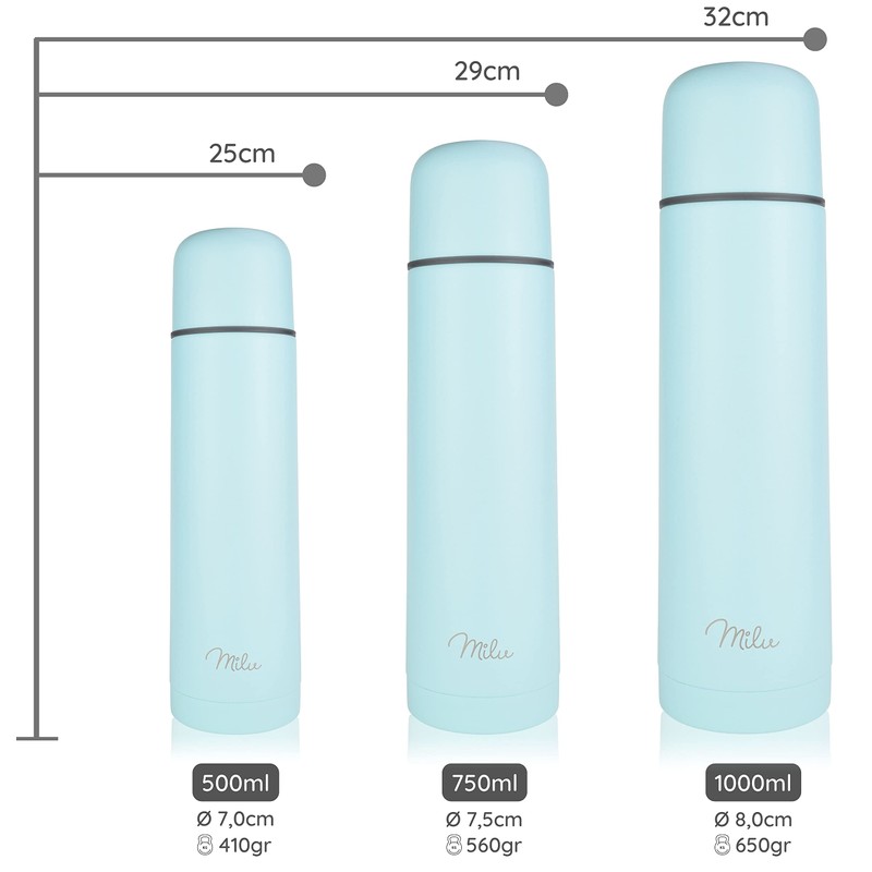 Milu Thermos Flask, Thermos Jug, 1 L, 750 ml, 500