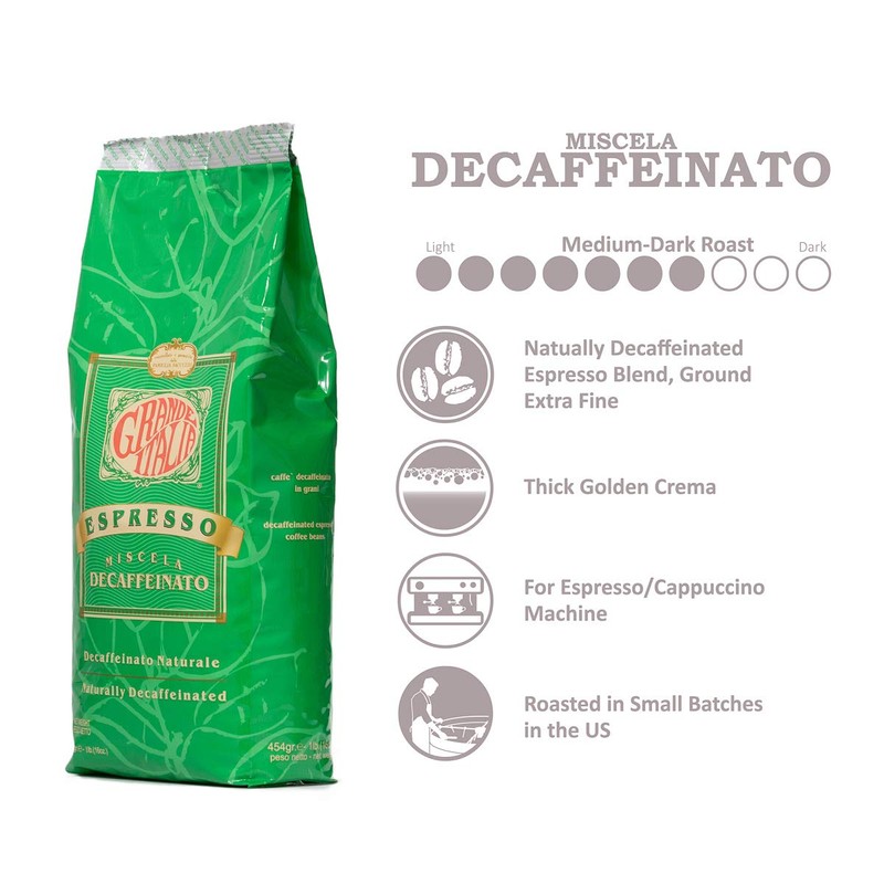 Grande Italia Decaf Whole Bean Espresso, Miscela Decaffeinato, 1lb