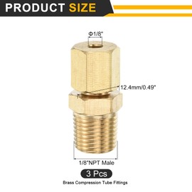 sourcing map 3Pcs Brass Compression Tube Fitting, 1/8" Tube OD x 1/8" NPT Male Connector Straight Coupling Adapter Union Fittings