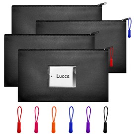 4 Pcs Money Bags With Zipper Black Money Pouch Bag Wallet Pouches with Label 11x6.1inch Bank Deposit Bags Leather Cash Coin Zipper Bags Checks Bag Organizer Receipt Holder Makeup Bags for Women Men