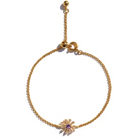 OZEL - Adjustable Chain Bracelet with Daisy Flower Stones for Women – 14k Gold Plated - Colorful Design Dainty Lightweight/Purple stone color