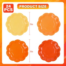 24Pcs Orange Paper Plates Pumpkin Scalloped Party Plates 7 Inch Fall Colors Disposable Dessert Plate for Birthday Autumn Harvest Thanksgiving Party Supplies
