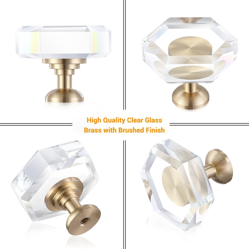 Guank 2-Pack Brass Base Crystal Drawer Knobs,Glass Crystal Gold Cabinet