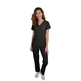 Green Town Scrubs for Women Scrub Set - V-Neck Top and Straight Leg Pant, 5 Pockets, Easy Care, Solids and Prints Uniforms -Black-Large