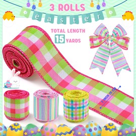 Xunyee Pastel Easter Plaid Fabric Ribbon Spring Gingham Wired Ribbon Ideal for DIY Crafts, Wreaths, Gift Wrapping & More(2,Cute Colors)
