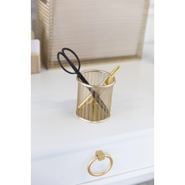 BLU MONACO Gold Pen Holder for Desk - Gold Pen Cup - Gold Pencil Cup - Gold Brush Holder with Metal Mesh Design