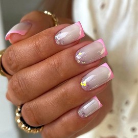 BAOYAALIN French Pink Press on Nails Medium Square Fake Nails with Fashion Glitter Design Full Cover Press ons Artificial Acrylic False Stick on Nail for Women Girls Daily Wear Wedding Manicure 24Pcs