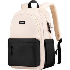 KROSIAS School Backpack for Teens Girls, Cute Student Bookbag Large 15.6 Inch Laptop Bag Aesthetic College Backpacks for Women High School Travel (Black Beige)