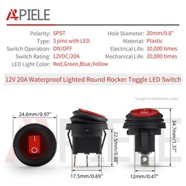 APIELE Waterproof Round Rocker Toggle Switch 2 Position DC 12V 20A ON-Off with LED Light SPST 3 Pins 5Pcs KCD1-8-101NW (Red)