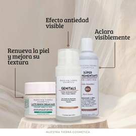 Nuestra Tierra Cosmetica Kit Despigmentante Premium, Loción Facial con Ácido Mandélico, Crema Genitals, Mascarilla Lacto Renew, 3 Piezas