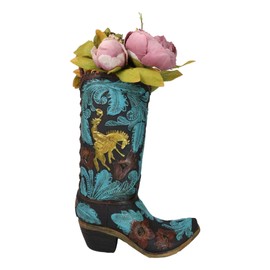 Ebros Gift Rustic Western Turquoise Floral Blooms Scroll Damask Patterns Cowboy Boot Decorative Figurine Or Floral Vase Planter Accent