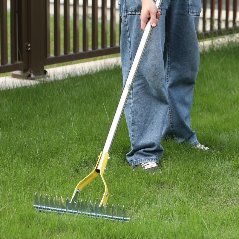 Thatch Rake for Lawn, 15 Inch Lawn Dethatcher with Dual-Edge