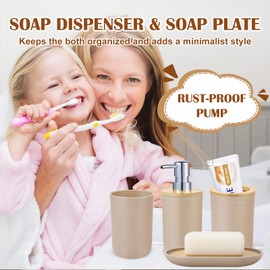 iMucci Bathroom Accessories Set - with Trash Can Toothbrush Holder Soap Dispenser Soap and Lotion Set Tumbler Cup(9Pcs Beige Wood Cover)