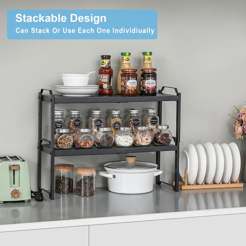 2 Pack Expandable Cabinet Countertop Shelves, Stackable Shelves Organizers For