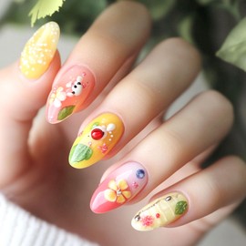 Colorful Press on Nails Medium Almond Glue on Nails with Flower Gradient Pattern Dots Design Yellow Almond Fake Nails Medium Nails Press ons Glossy Acrylic Artificial False Nails for Girls 24Pcs