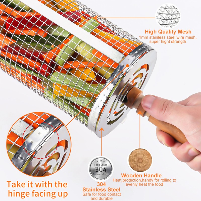 Rolling Grill Basket（2PCS） with Detachable Handle, 304 Stainless Steel BBQ
