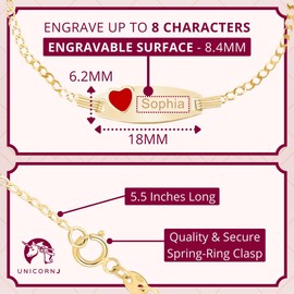 UNICORNJ 14K Yellow Gold Girls ID Bracelet with Red Enamel Heart Curb Chain Italy 5.5"