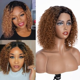 JOEDIR HAIR Curly Bob Wig Human Hair Short Deep Wave Lace Front Wig for Black Women 10 inch Ombre Brown T Part Wig Jerry Curl Bob Wig 150% Density (Color: TT1B/30)