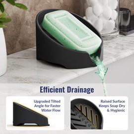 NiHome Silicone Soap Dish with High-Efficiency Drainage for Bathroom & Kitchen, Enlarged Holder Fits Various Soaps and Cleaning Supplies, Dishwasher Safe Easy to Clean with Included Brush (Black)