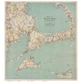 Cape Cod and The Islands 1917 - Walker - Local Road names - Massachusetts - Old Map Reprint - 24x26