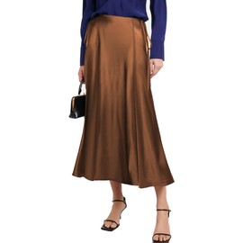 SEBOWEL Women Satin Maxi Long Skirt Silk Side Tie A Line Swing Midi Skirt Elegant Flowy Ruffle Pleated Cocktail Party Skirts, Brown, XL