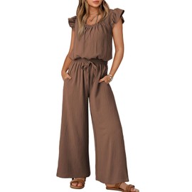 Dokotoo Girls Dressy Jumpsuits One Piece 2025 Summer Crew Neck Boho Jumpers Drawstrings Adjustable Waisted Petite Wide Leg Vacation Outfits Plus Size with Pockets,Coffee XX-Large
