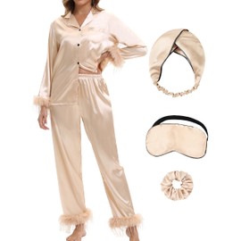 MORFORU Satin Pajama Set for Women Feather Trim Long Sleeve Pjs with Sleep Mask Headband Scrunchie Sleepwear Lounge Set (Champagne/S)