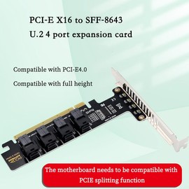PH49 PCIe4.0 X16 to 4-Port U.2 NVME SFF-8643 SFF-8639 Expansion Card Support X4 X8 X16 Slot Motherboard with PCIE Split Function (Full Height)