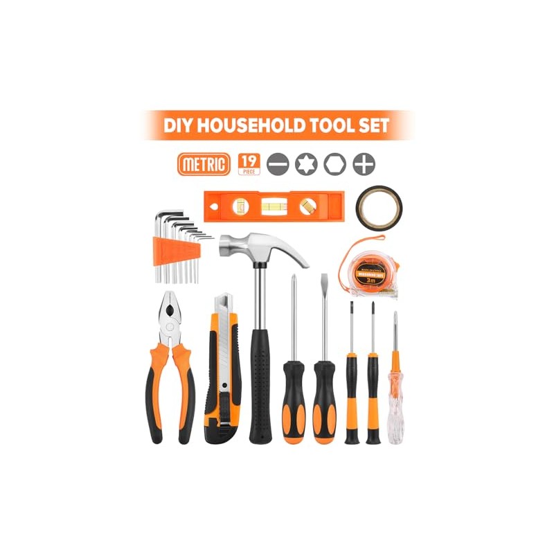 19pcs Household DIY Tool Set, Basic Tools for Home, Office,