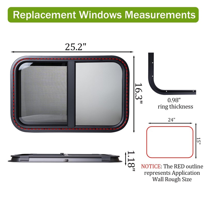 24"x15" RV Sliding Window - Horizontal Teardrop Style, DOT-Certified Tempered