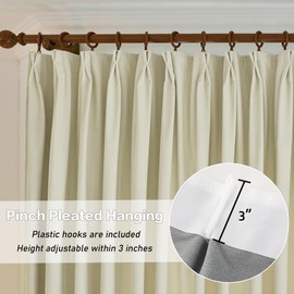 Ivory/Light Beige Extra Wide Velvet Pleated Curtains 84 Inch Length - Luxury Room Darkening Pinch Pleated Curtains for Patio Sliding Glass Door Bedroom Curtains with Hooks, 72” W x 84” L, 1 Panel
