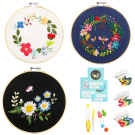 Full Range of Embroidery Starter Kit with Pattern, DIY Cross Stitch Set with Embroidery Hoop Coloured Thread Tools Instructions, Pack of 3, Type-A