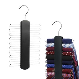 Kaizuca 2 Piece Wooden Tie Hanger, Swivel Tie Racks, Tie Belt Rack, with 20 Metal Partitions and 360 Degree Rotating Clothes Hook, for Hanging Belts, Tie, Scarves, Neckties and More (Black)