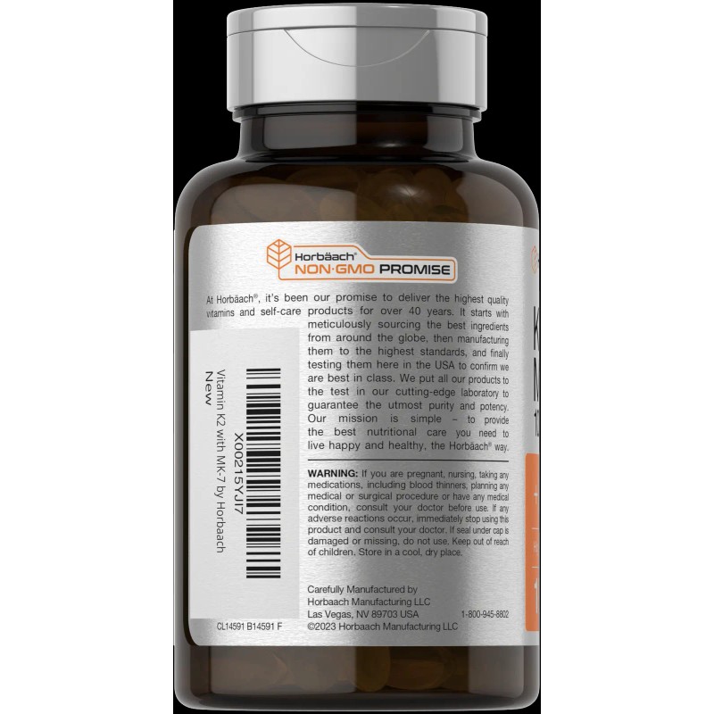 Horbäach Vitamin K2 MK7 with D3 Supplement | 180 Softgels