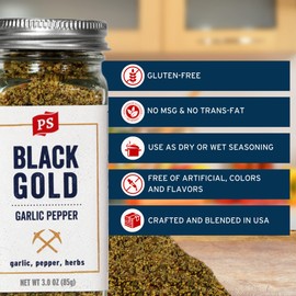 PS Seasoning Black Gold - All-Purpose Garlic Pepper Seasoning with Herbs, Garlic & Pepper - SPG Spice Blend, Dry Rub & Topping for Steaks, Burgers, Chicken, Veggies, Rice