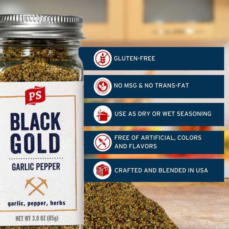 PS Seasoning Black Gold - All-Purpose Garlic Pepper Seasoning with