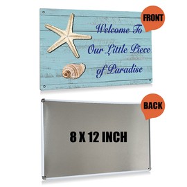 Funny Welcome to Our Little Piece of Paradise Beach Metal Tin Sign Wall Art Decor Rustic Beach Seashell Sign