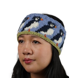 Pachamama Women Wool Ear Warmer Headband Fleece Lined Handknitted Puffin Multicoloured One-Size Handmade Fair Trade