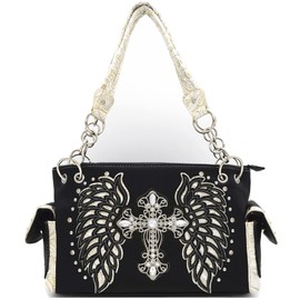Western Style Rhinestone Cross Studded Laser Cut Wings Tooled Leather Purse Women Handbags Country Shoulder Bag Wallet Set (2Black/Silver Set)