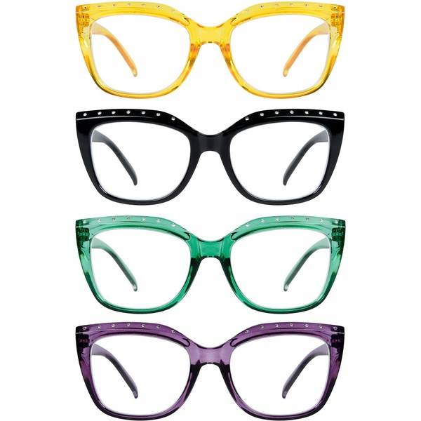 Eyekepper Paquete de 4 gafas de lectura para mujeres con diamantes de imitación para lectores, gafas de ojo de gato, Paquete de 4 colores variados., 0 US