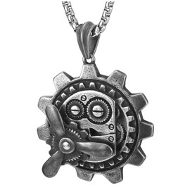 COOLSTEELANDBEYOND Steampunk Gear Mechanic Pendant, Stainless Steel Necklace for Men, Rough Surface, 75 cm Steel Wheat Chain, Stainless steel, metal, steel, Non-applicable