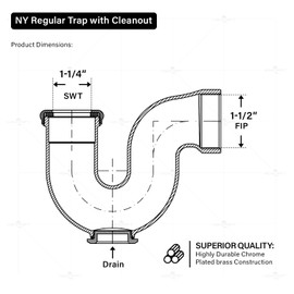 Highcraft Brass Trap NY Regular Trap 1-1/2" x 1/-1/4" Basin Sink Waste Trap with Cleanout Chrome Plated Brass Sink Trap for Bathroom, Kitchen Sink, Tubular Drain Applications, Brass Drain Trap w/Nut