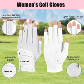 MAZEL Women's Golf Gloves One Pair Open-Finger Design,Breathable Hot Wet Weather Sweat-Absorbing,Fit Size S M L XL (White, X-Large)