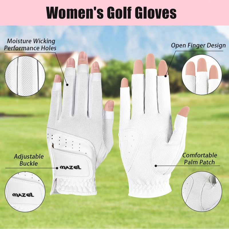 MAZEL Women's Golf Gloves One Pair Open-Finger Design,Breathable Hot Wet