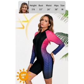 Halcurt Women's Boyleg One Piece Rash Guard with Built in Bra UPF50+ Zip Long Sleeve Full Body Modest Swimsuit Black Ombre Hot Pink Black M