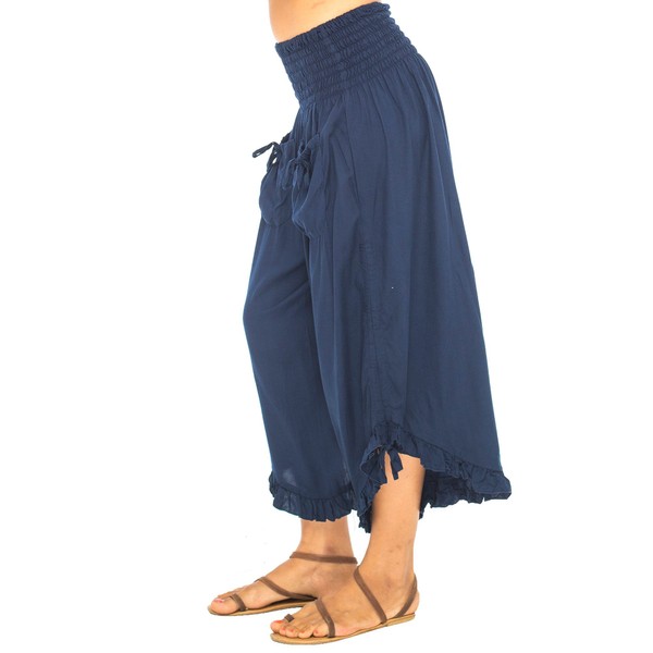 Back From Bali Pantalones cortos de pierna ancha para mujer, cómodos, cintura elástica sólida, Azul marino/flor y brillo, S