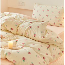 Nayoroom Strawberry Duvet Cover Set Twin Size Girls Cute Pink Strawberries Kawaii Comforter Cover 2 Pieces Soft Lightweight Microfiber Cream White Bedding with Zipper Closure